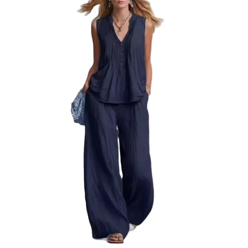 Fashionable Casual Solid-color V-neck Pleated Loose-fit Sleeveless Two-piece Set With Long Pants – Premium 0 | RICALOUX
