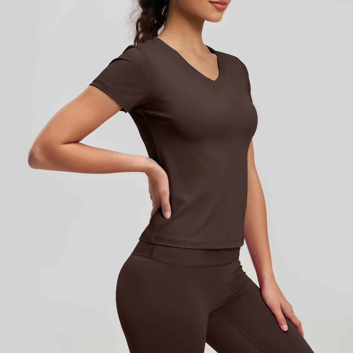 Peach Basic V-neck Short Sleeve Sports Top, Breathable Slim-fit Yoga Shirt For Fitness And Running – Premium 4 | RICALOUX