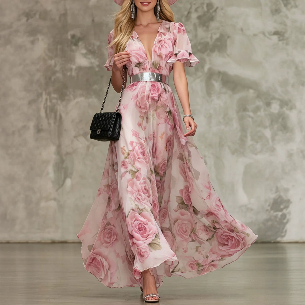 French-Style Romantic Rose-Print Chiffon Maxi Dress – Premium 0 | RICALOUX