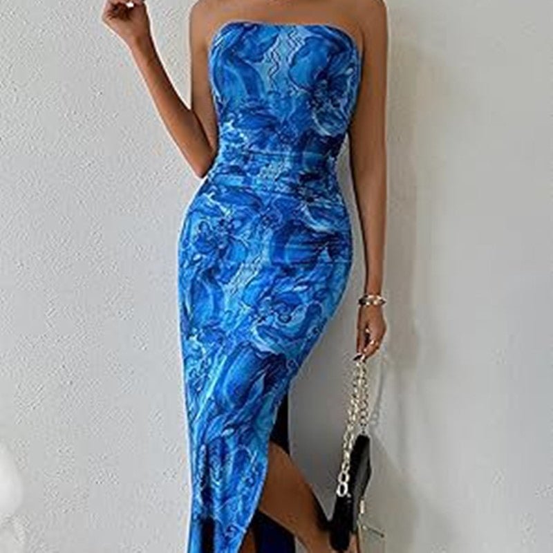 Women's Clothing Slit Hemline At Hem Sleeveless Printed Dress - RICALOUX