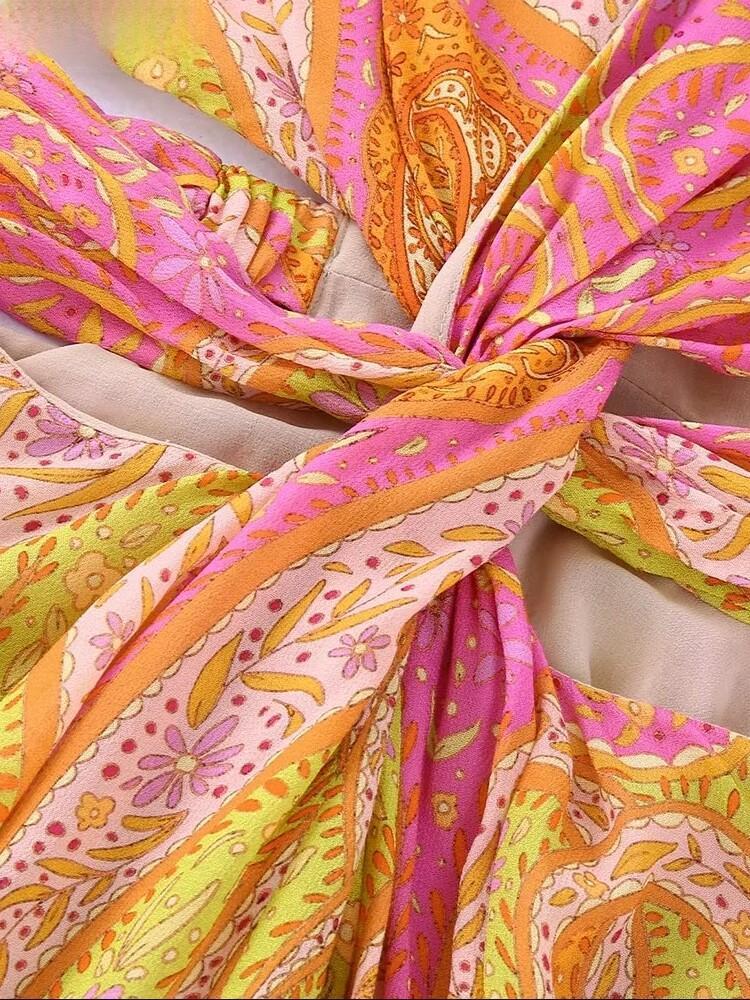 Womens Vintage V-Neck Pistachio-Print Chiffon Dress by Ricaloux