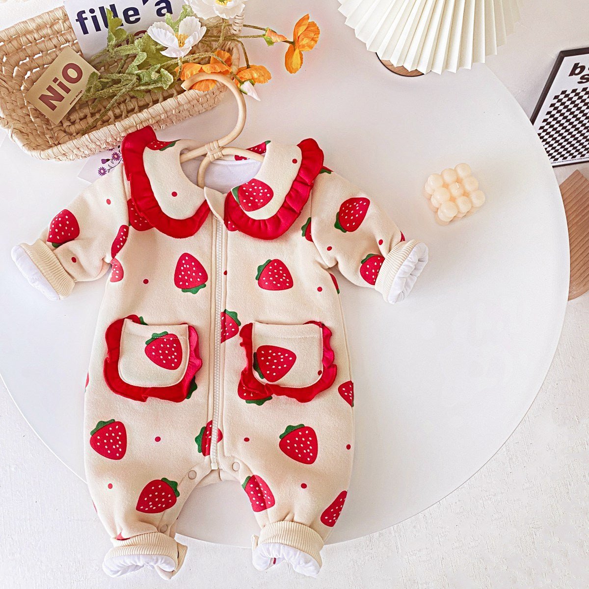 Baby Girl Warm Clothes Strawberry Printed Quilted One-piece Romper - RICALOUX