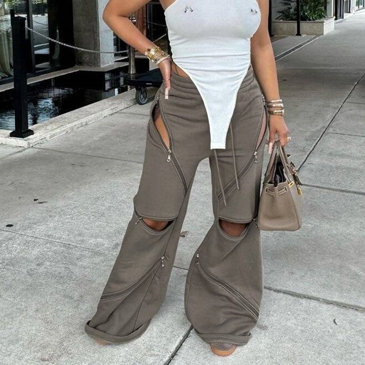 Fashionable Patchwork Wide-leg Flared Pants With Multiple Zippers by Ricaloux