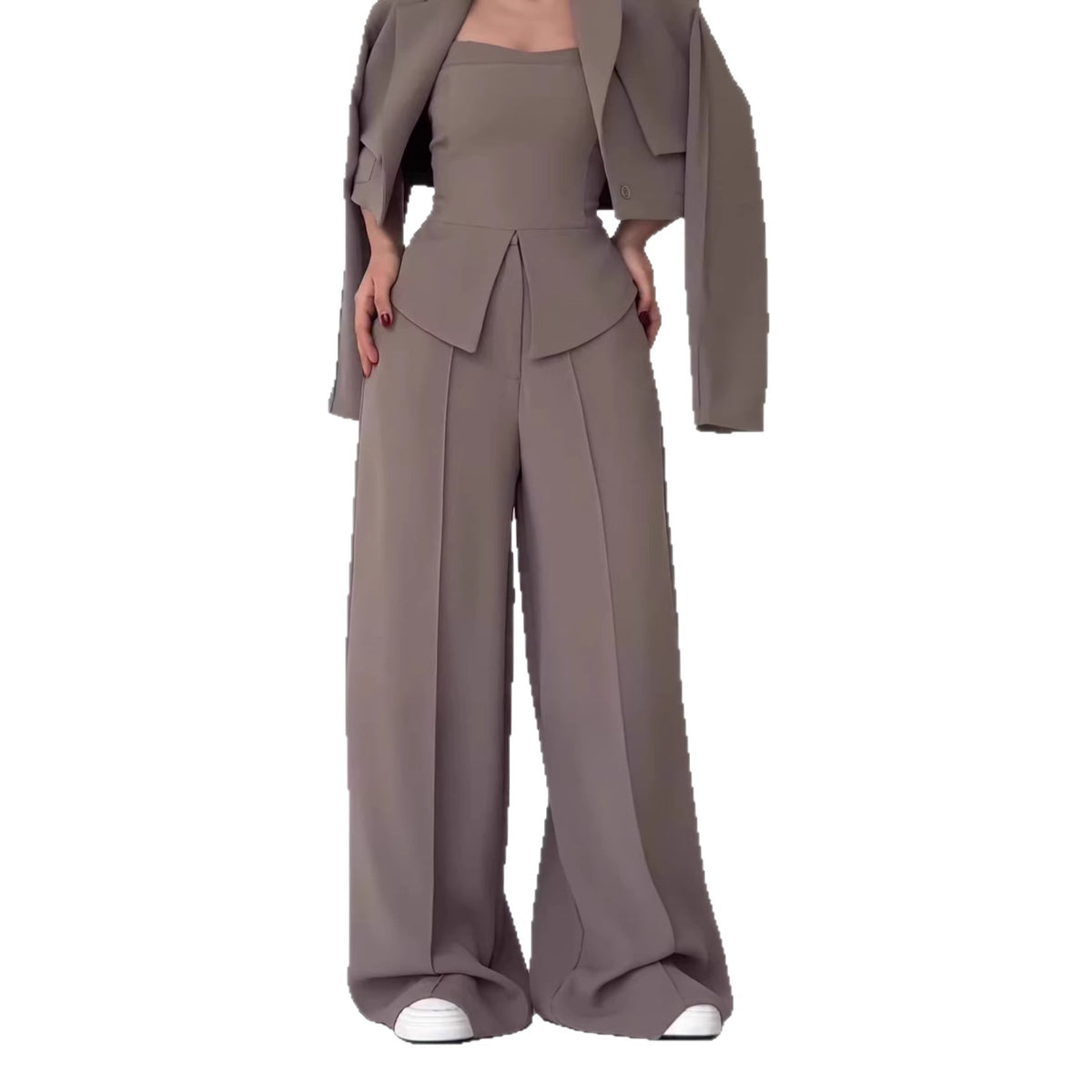 Womens Solid-color Elegant Blazer And Wide-leg Suspender Pants Set by Ricaloux