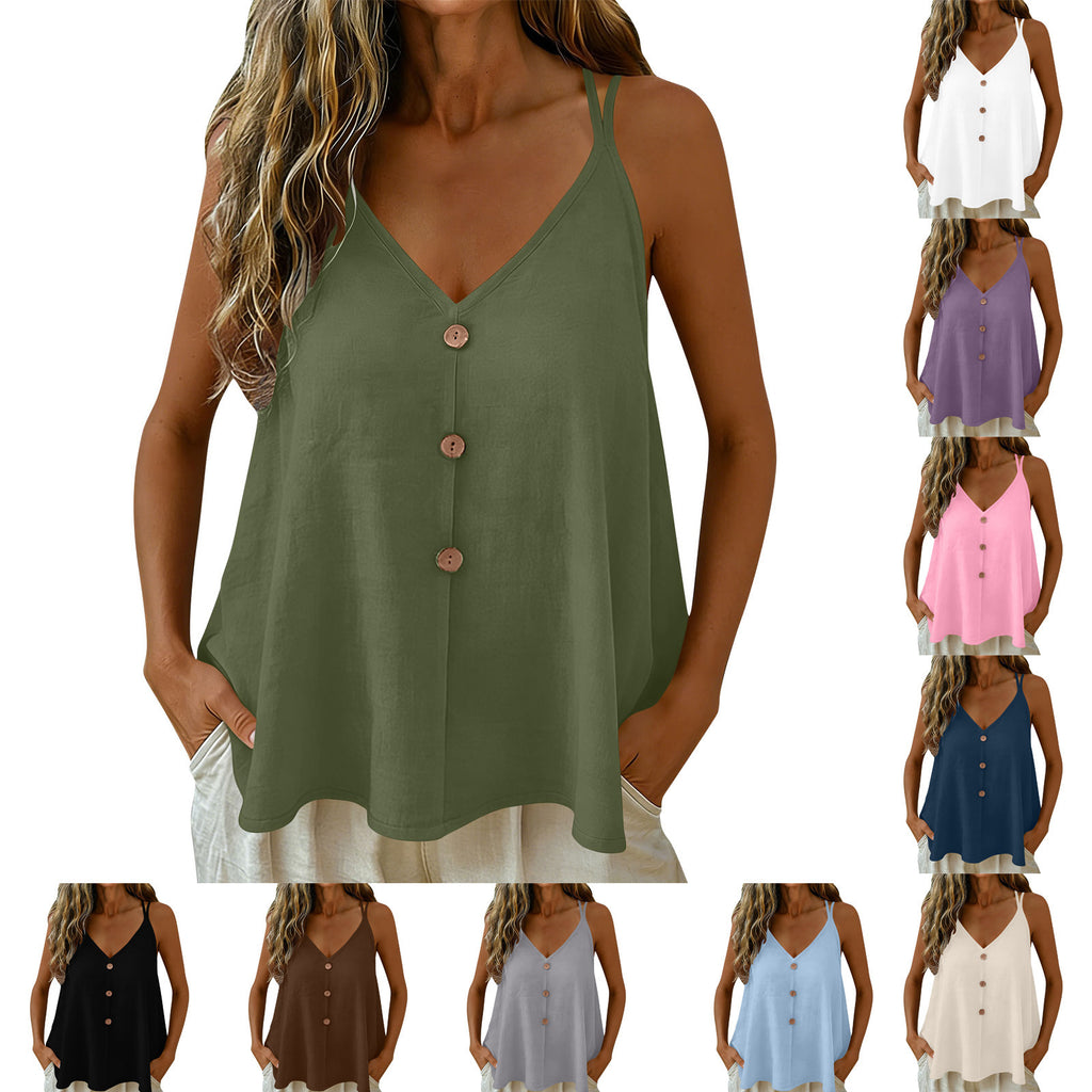 Womens Solid-color Vest With Adjustable Straps And Decorative Buttons by Ricaloux