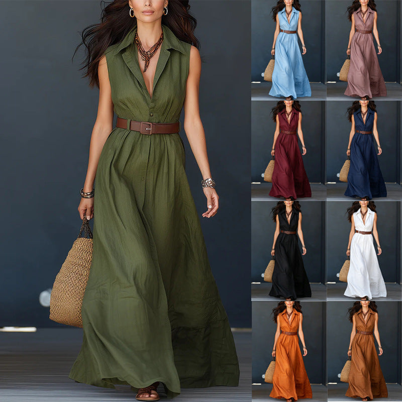 Sleeveless Lapel-neck Waist-cinching Shirt Dress – Premium 0 | RICALOUX