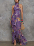 Casual Scoop-neck Low-cut Off-shoulder Colorful-printed Asymmetrical Wrap Dress by Ricaloux