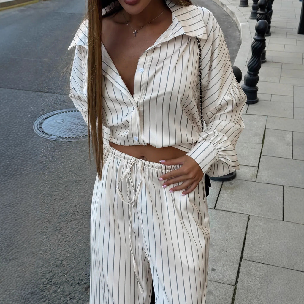 Fashionable Striped Long-sleeve Shirt Cardigan And Wide-leg Pants Two-piece Set by Ricaloux