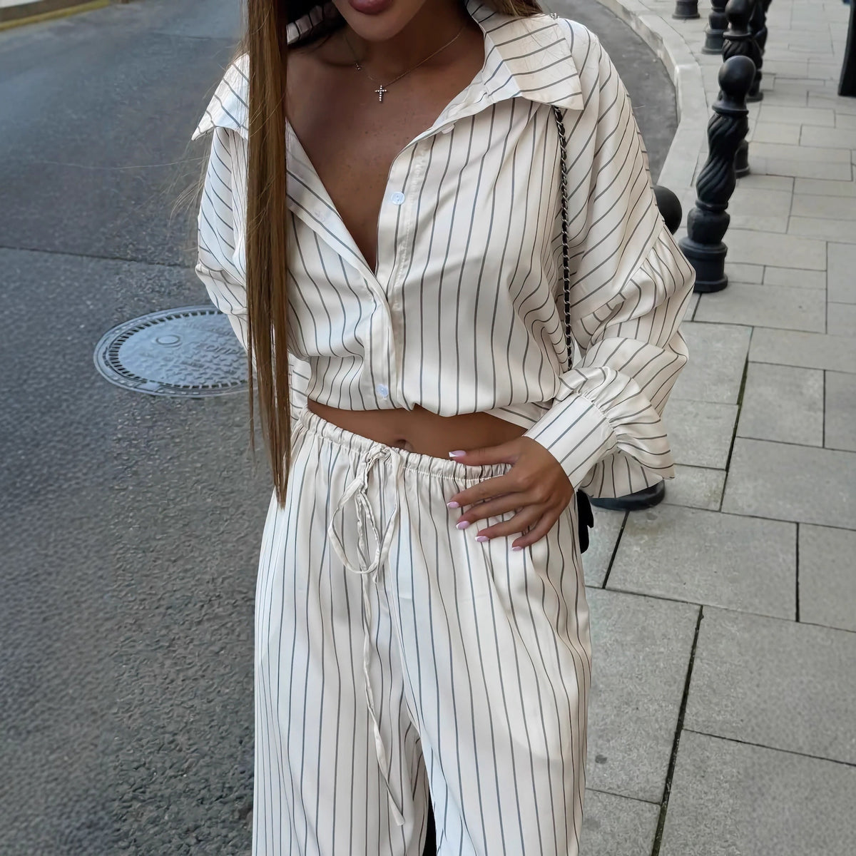 Fashionable Striped Long-sleeve Shirt Cardigan And Wide-leg Pants Two-piece Set by Ricaloux