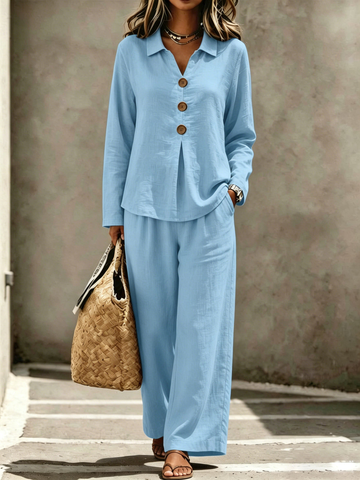 Womens Buttoned Polo-collar Long-sleeve Pantsuit by Ricaloux