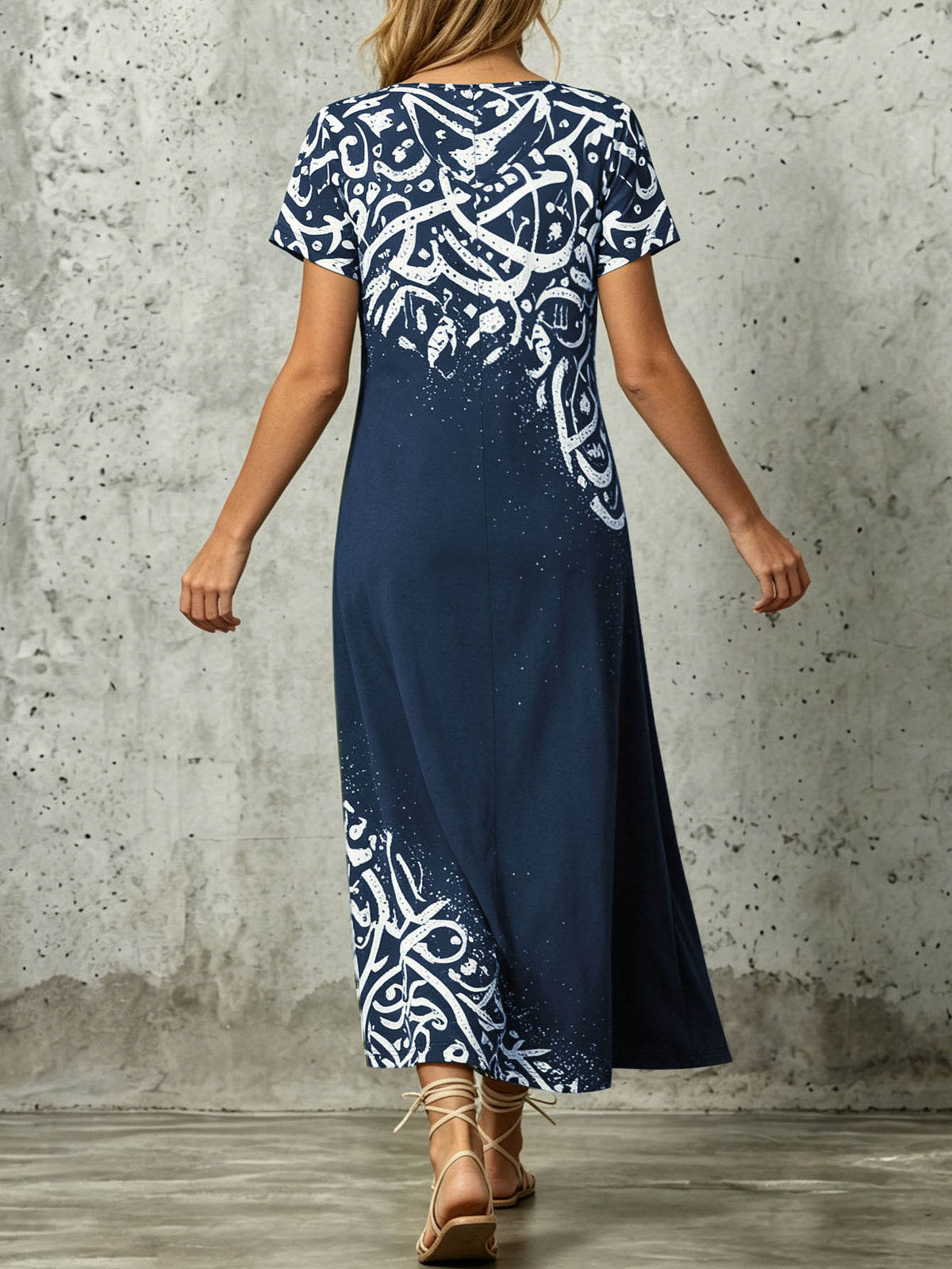 Women's V-Neck Short Sleeve Bohemian Print Split Hem Maxi Dress Casual Loose Long Dress For Vacation – Premium 4 | RICALOUX