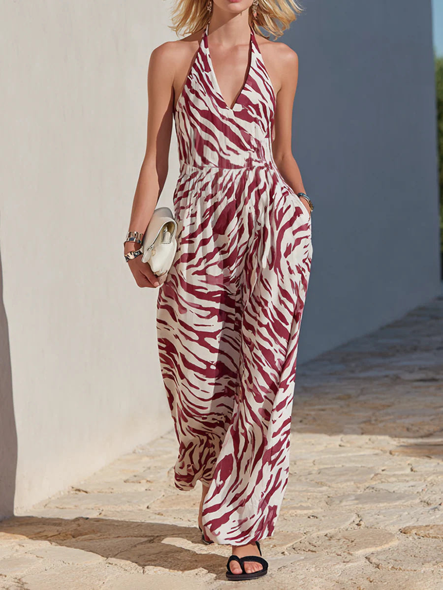 Womens Backless Zebra-Print Casual Jumpsuit by Ricaloux