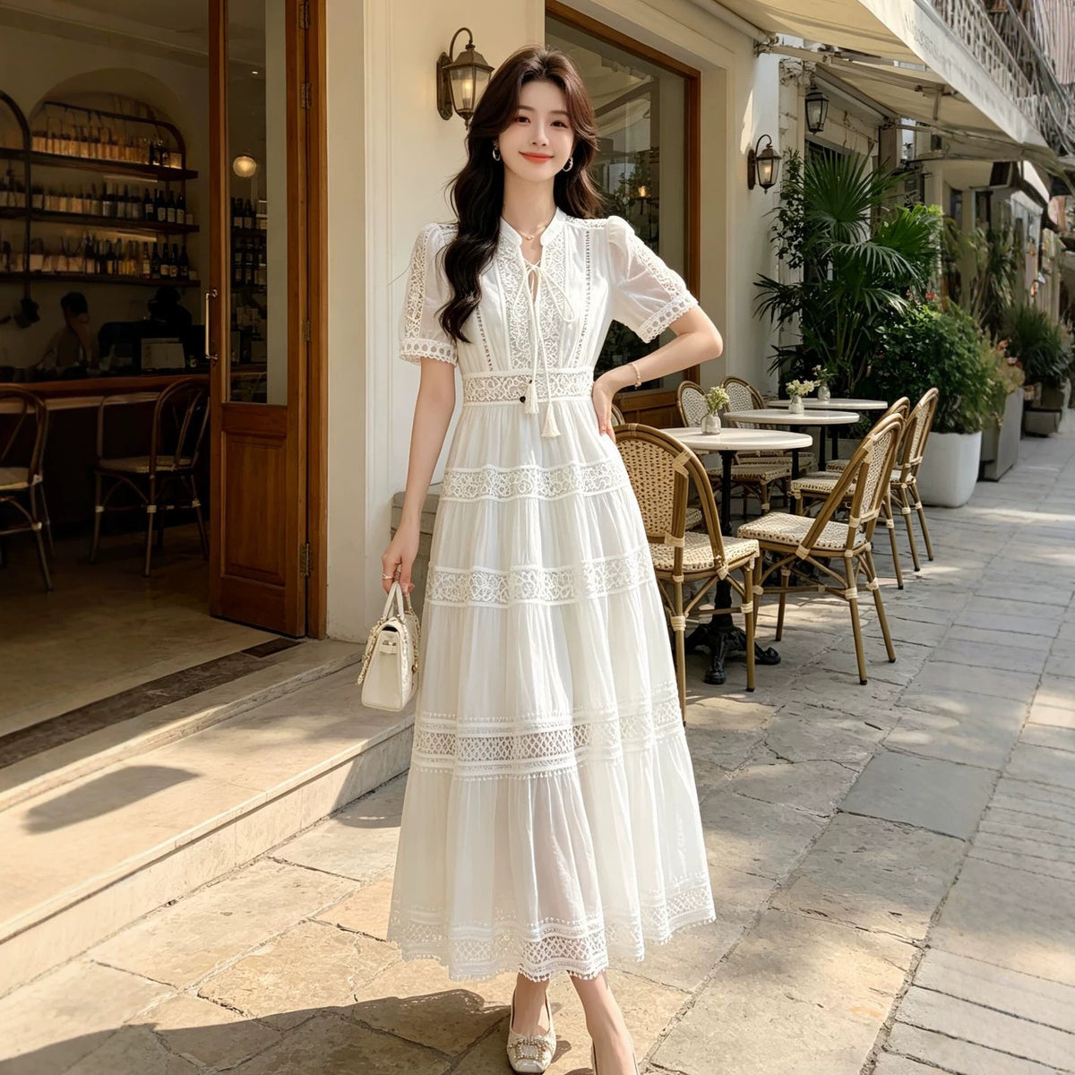 Womens French-style Intricately Crafted Lace Hollow-out V-neck Dress – Premium 0 | RICALOUX