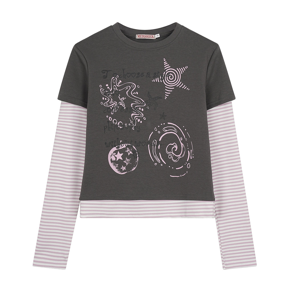 Fake Two-piece Striped Patchwork Long-sleeve T-shirt by Ricaloux