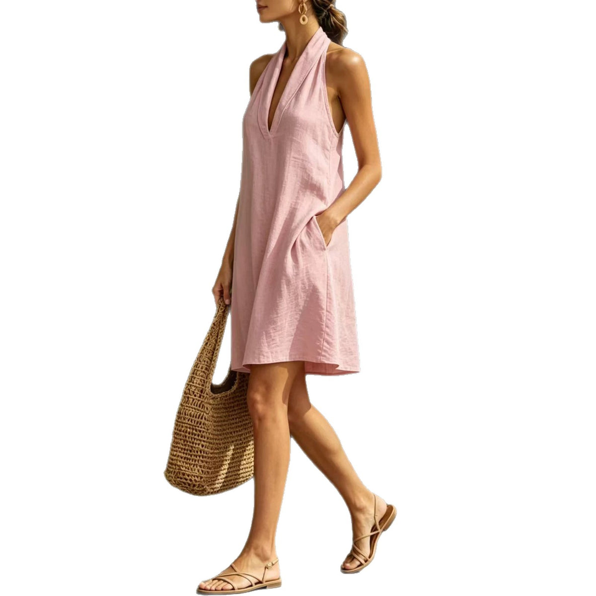 Casual Short Solid-color V-neck Dress by Ricaloux