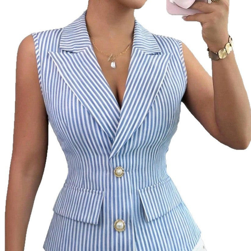 European And American Striped Sleeveless Womens Shirt – Premium 0 | RICALOUX