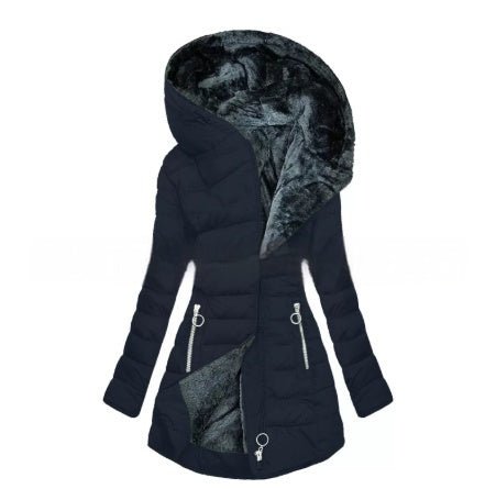 Women's Plush Hooded Mid-length Oblique Zipper Cotton-padded Coat - RICALOUX