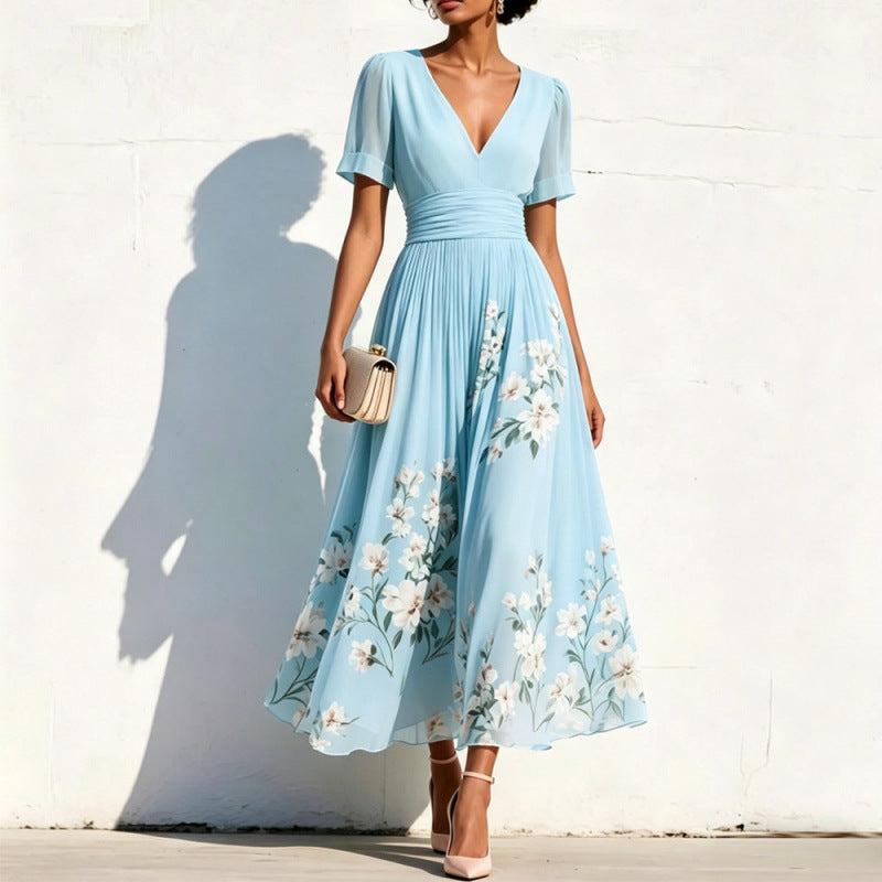 Womens Digital-Print Floral Long-Sleeve V-Neck Pleated Dress by Ricaloux