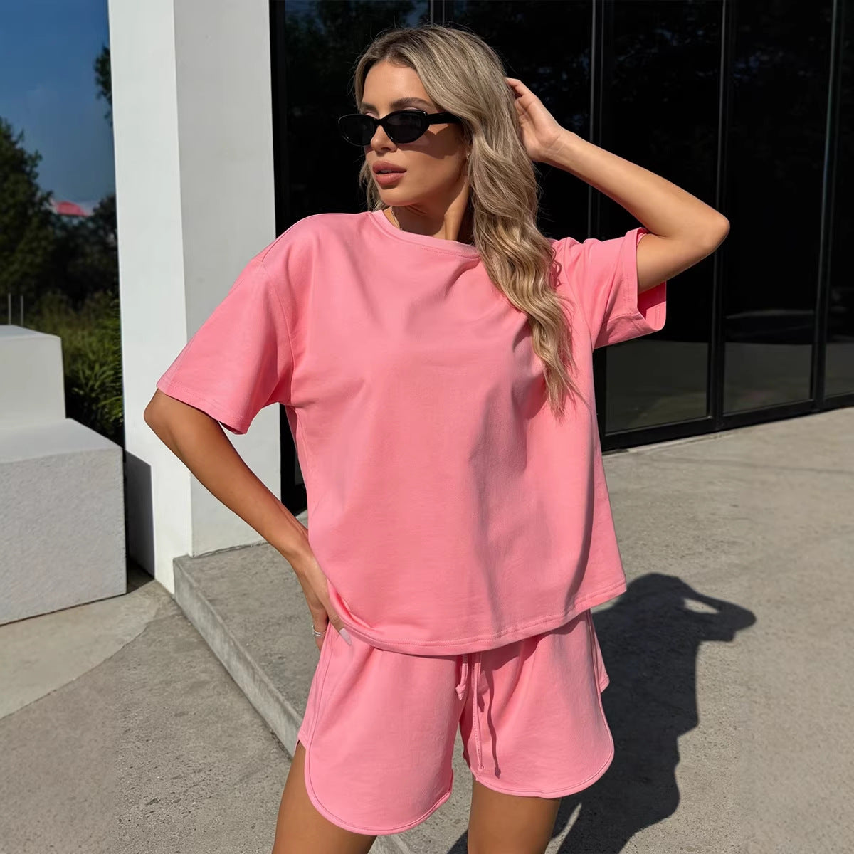 Womens Loose-Fit Pullover Short-Sleeve T-Shirt Sports Shorts Set by Ricaloux