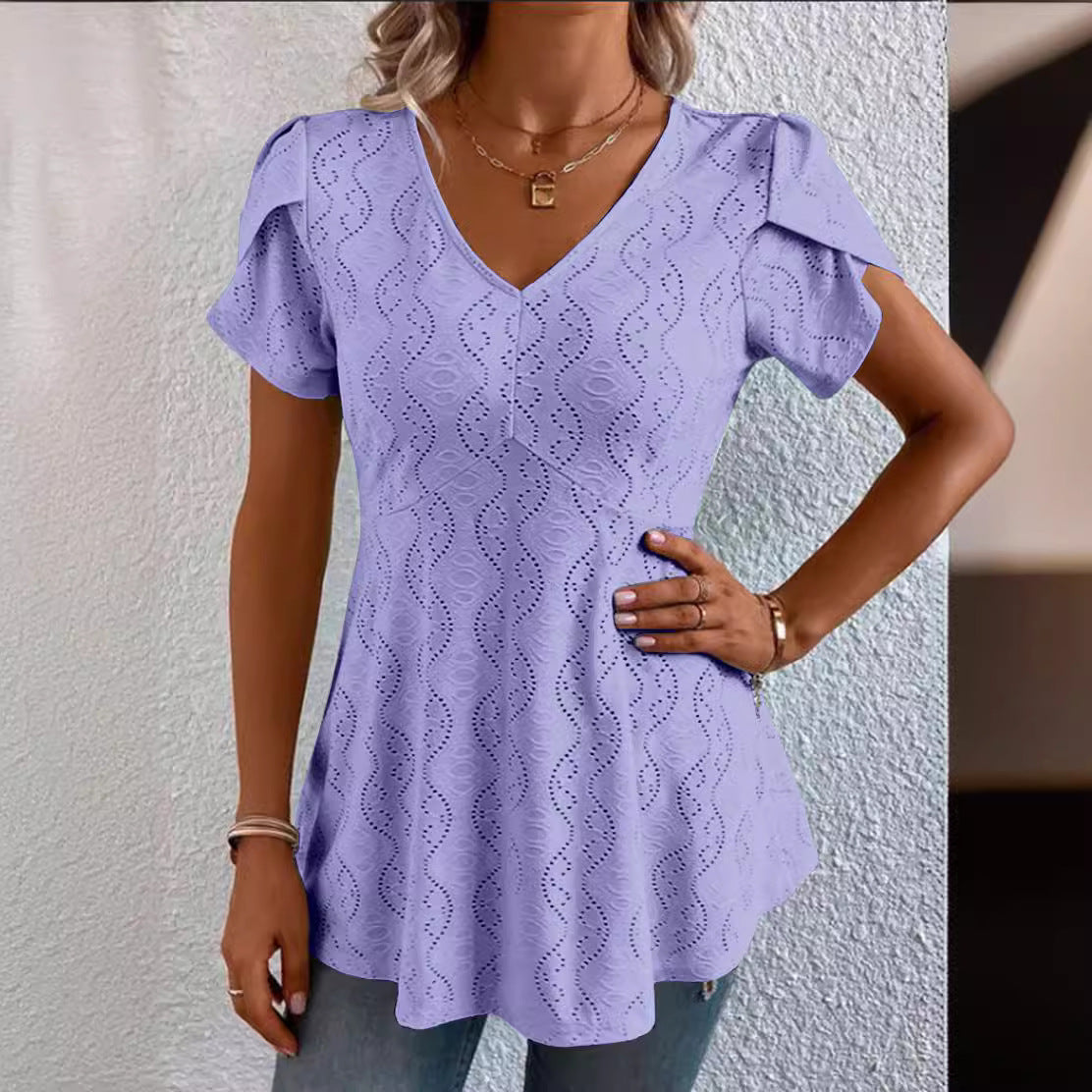 Solid-color V-neck Flutter-sleeve Casual by Ricaloux