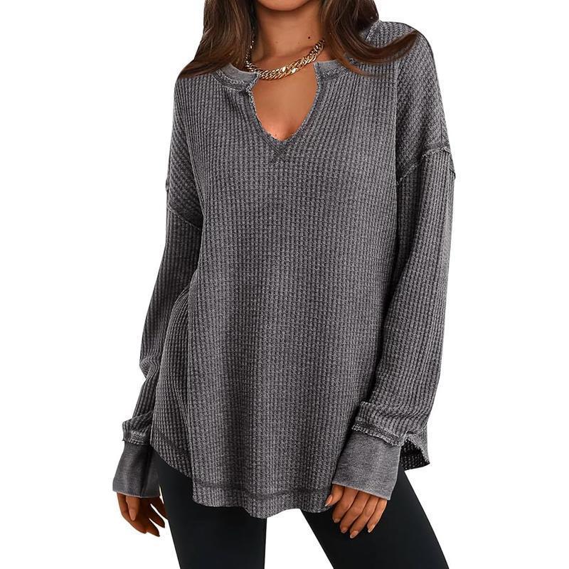 Womens AutumnWinter Casual Knitted Sweater Solid-Color Long-Sleeve V-Neck Waffle-Weave Hoodie Top by Ricaloux