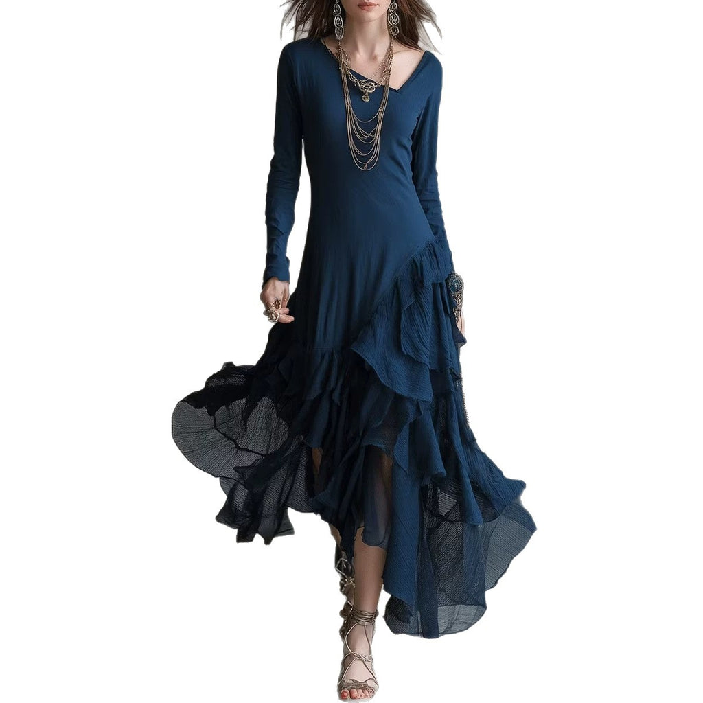 Asymmetrical Ruffled Hem Casual Waist-cinching Slimming Dress With A Mock Neck And Vintage Flair by Ricaloux