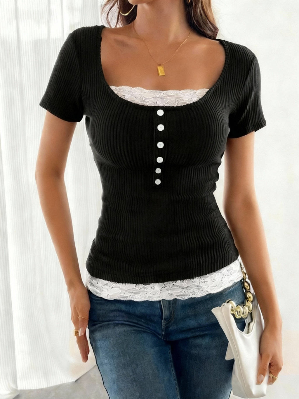 Fashionable Short-sleeve T-shirt Womens Lace Top Style by Ricaloux
