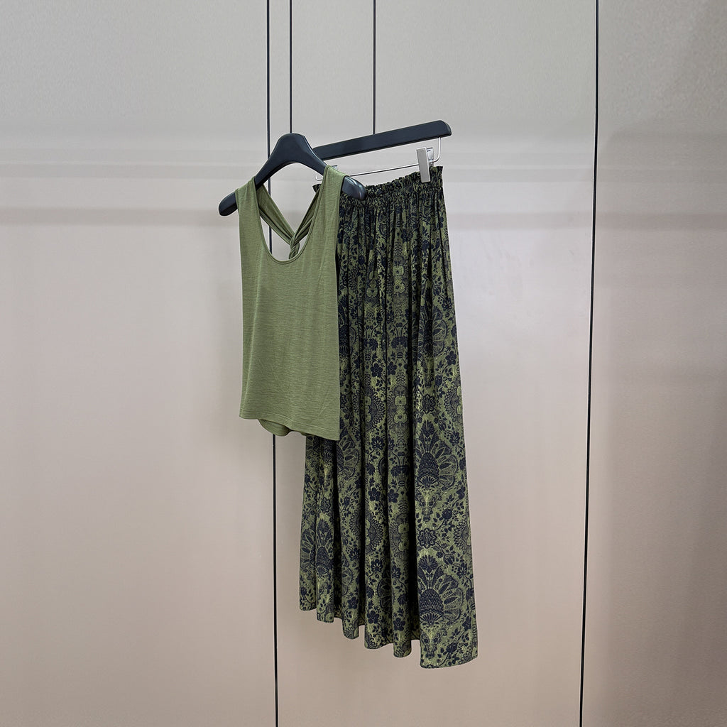 Merino Wool Halter-neck Twist Vest Silk Palm-printed Midi Skirt – Premium 0 | RICALOUX