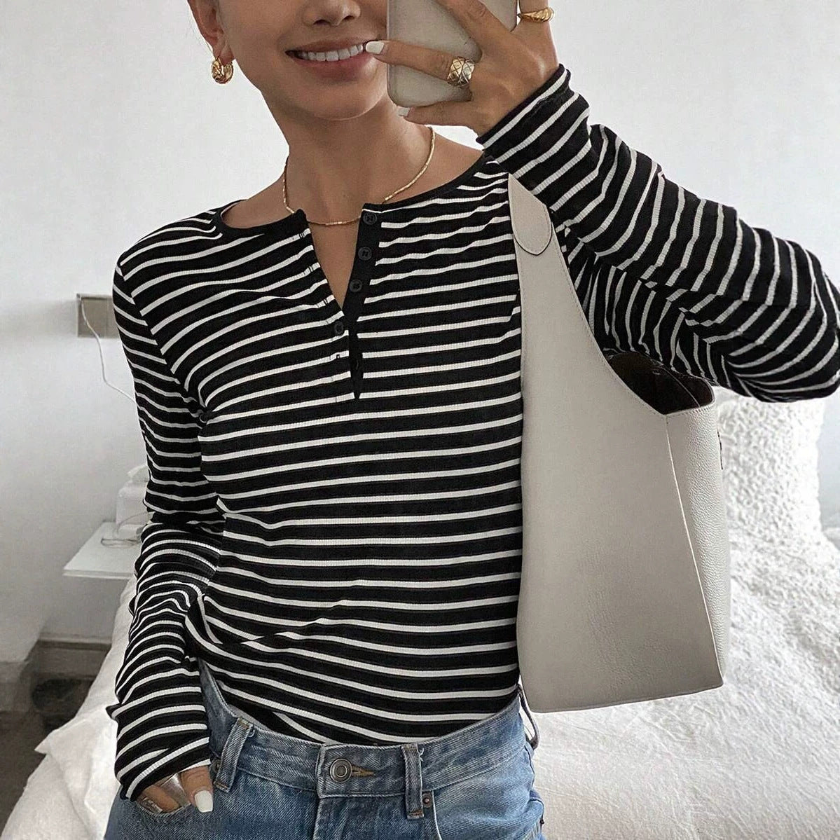 Striped Loose-Fit Long-Sleeve T-Shirt Casual Fashion Top For Women – Premium 0 | RICALOUX