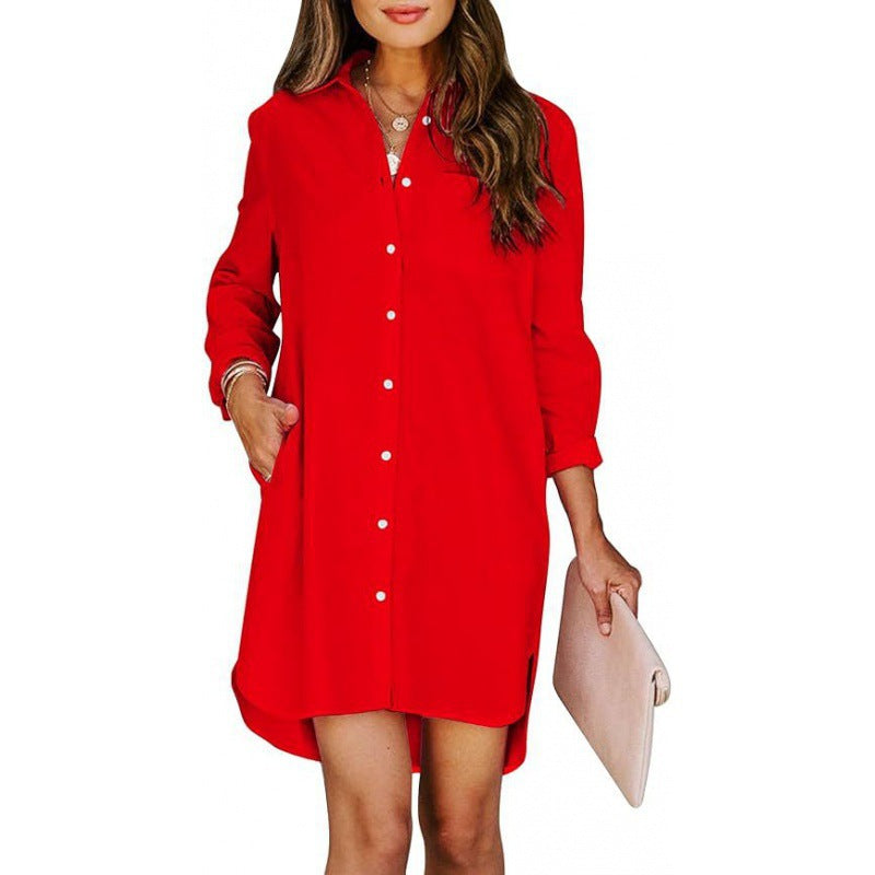 Pocketed Cotton-buttoned Belted Long-sleeved Solid-color High-low Blouse – Premium 0 | RICALOUX