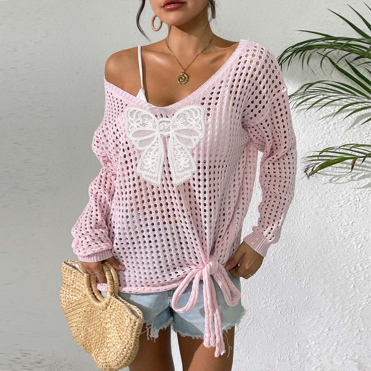 Women Loose Lazy Style Hollow Knit Pullover Top, Long Sleeve Butterfly Patchwork Tie Detail Sheer Cover Up Sweater – Premium 4 | RICALOUX