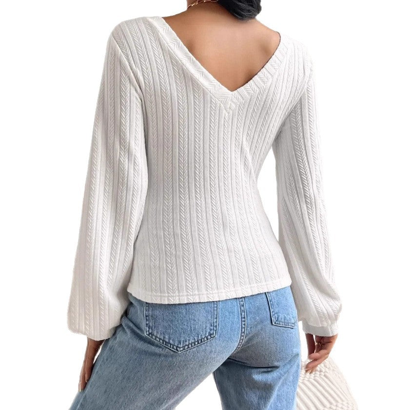 Womens Casual Knitted V-neck Long-sleeve Top – Premium 0 | RICALOUX