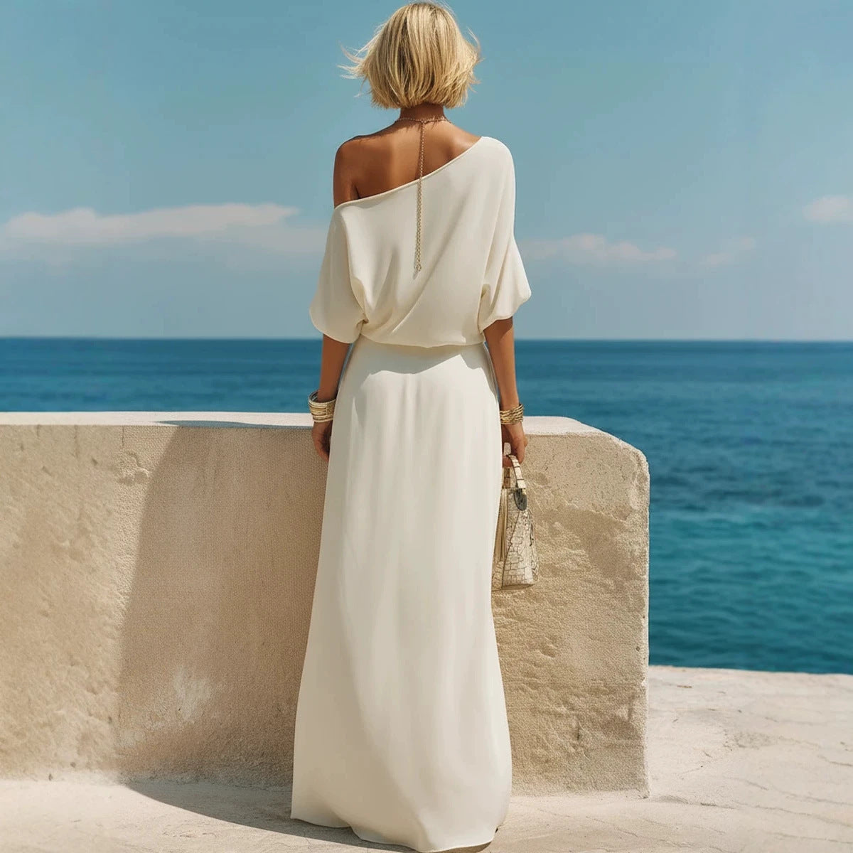 Womens Resort-Style Casual Off-Shoulder Long-Sleeve Top And Elastic-Waist Midi Skirt Set by Ricaloux