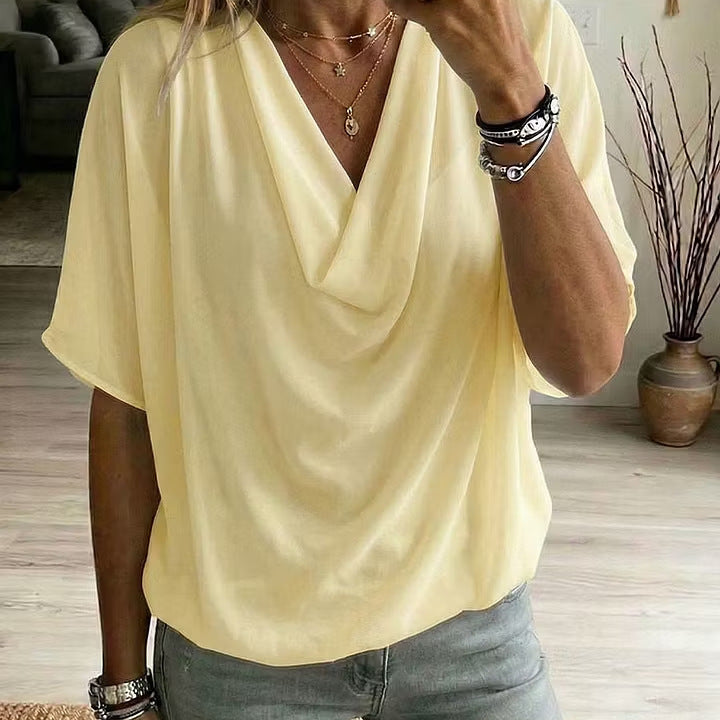 Womens Summer Loose-fit Batwing-sleeve Solid-color Draped Short-sleeve Elegant Top by Ricaloux