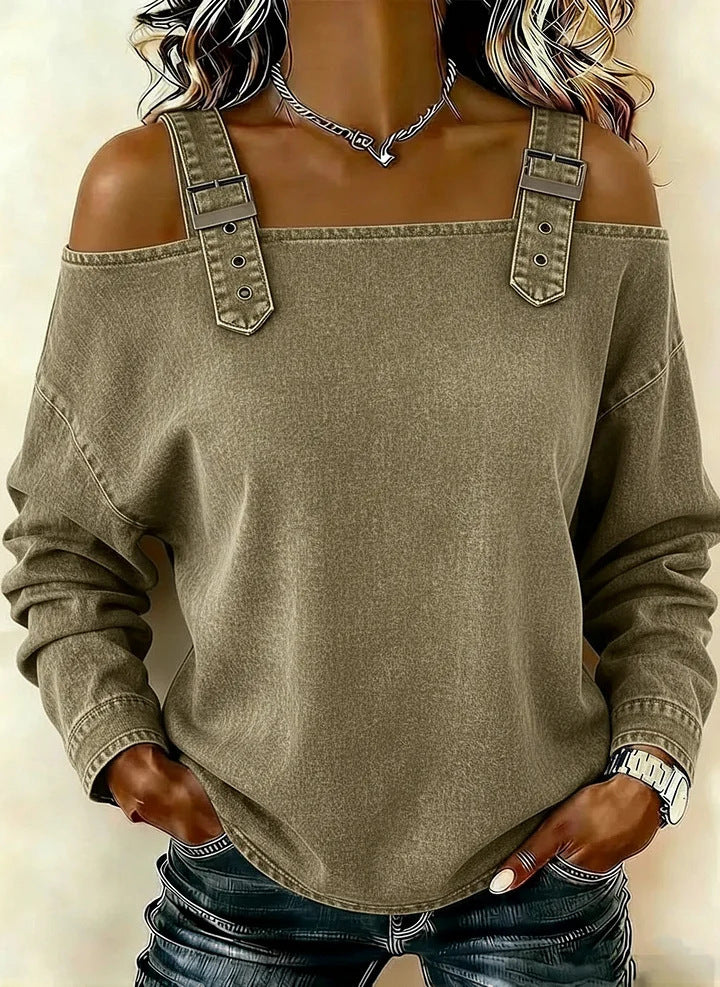 Halter-neck Off-shoulder Long-sleeve Top by Ricaloux