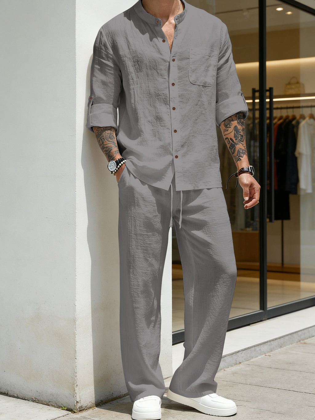 Mens Solid-Color Linen Long-Sleeve Shirt And Pants Two-Piece Set by Ricaloux