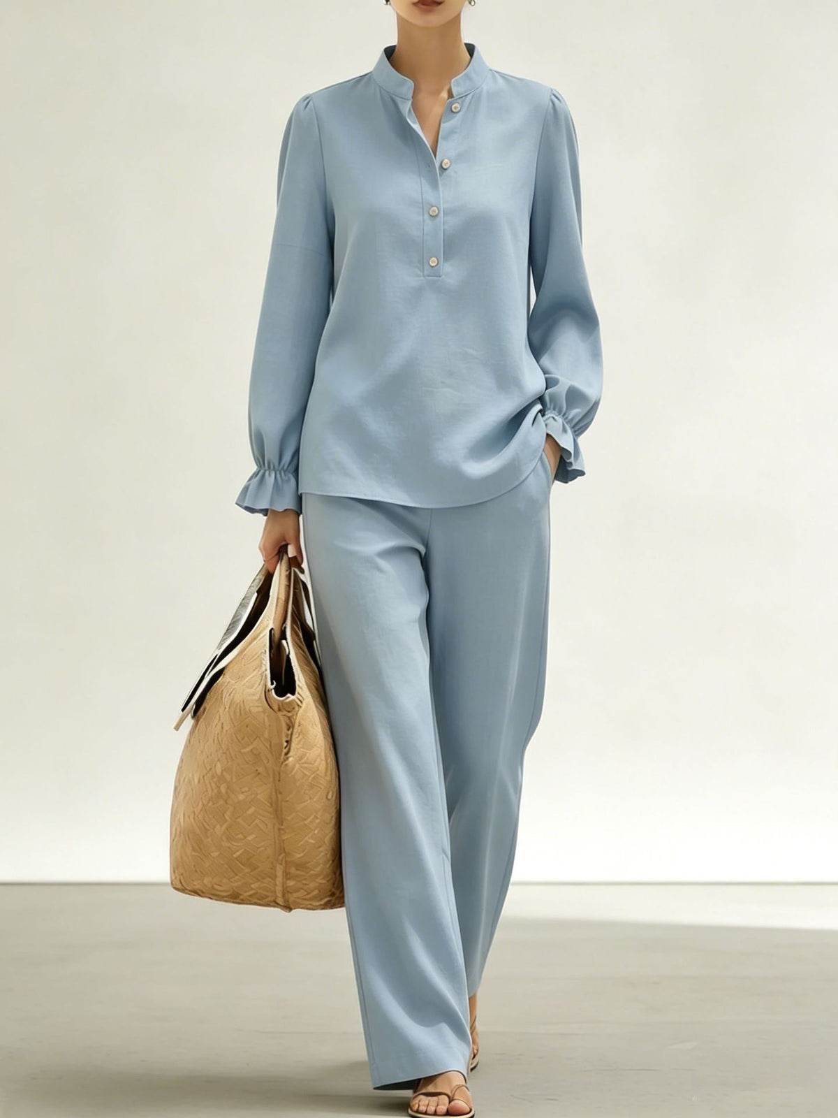 New Womens Mandarin-collar Ruffled Puff-sleeve Wide-leg Long-pants Set – Premium 0 | RICALOUX