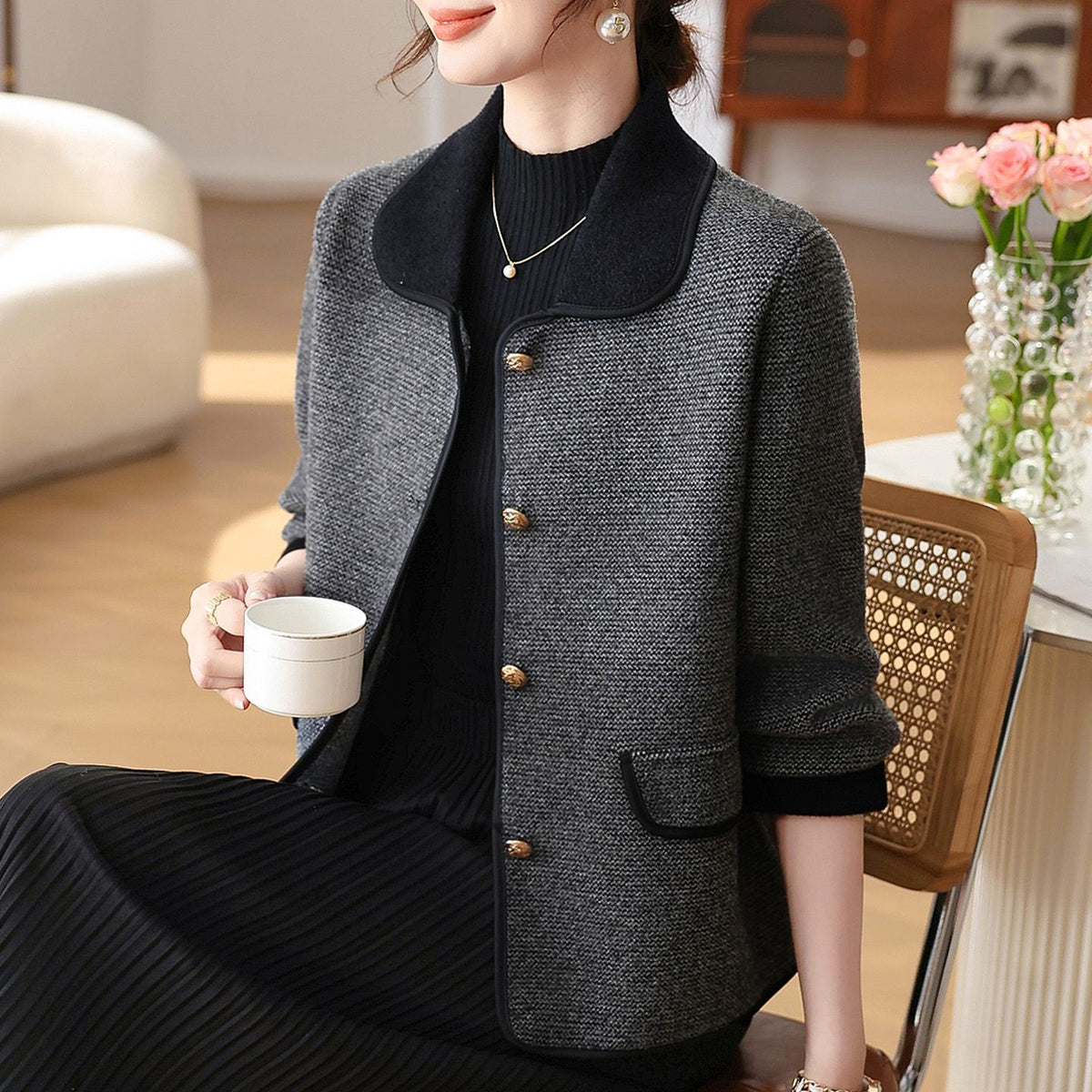 Polo-collar Denim-panel Knitted Mock Two-piece Sweater by Ricaloux
