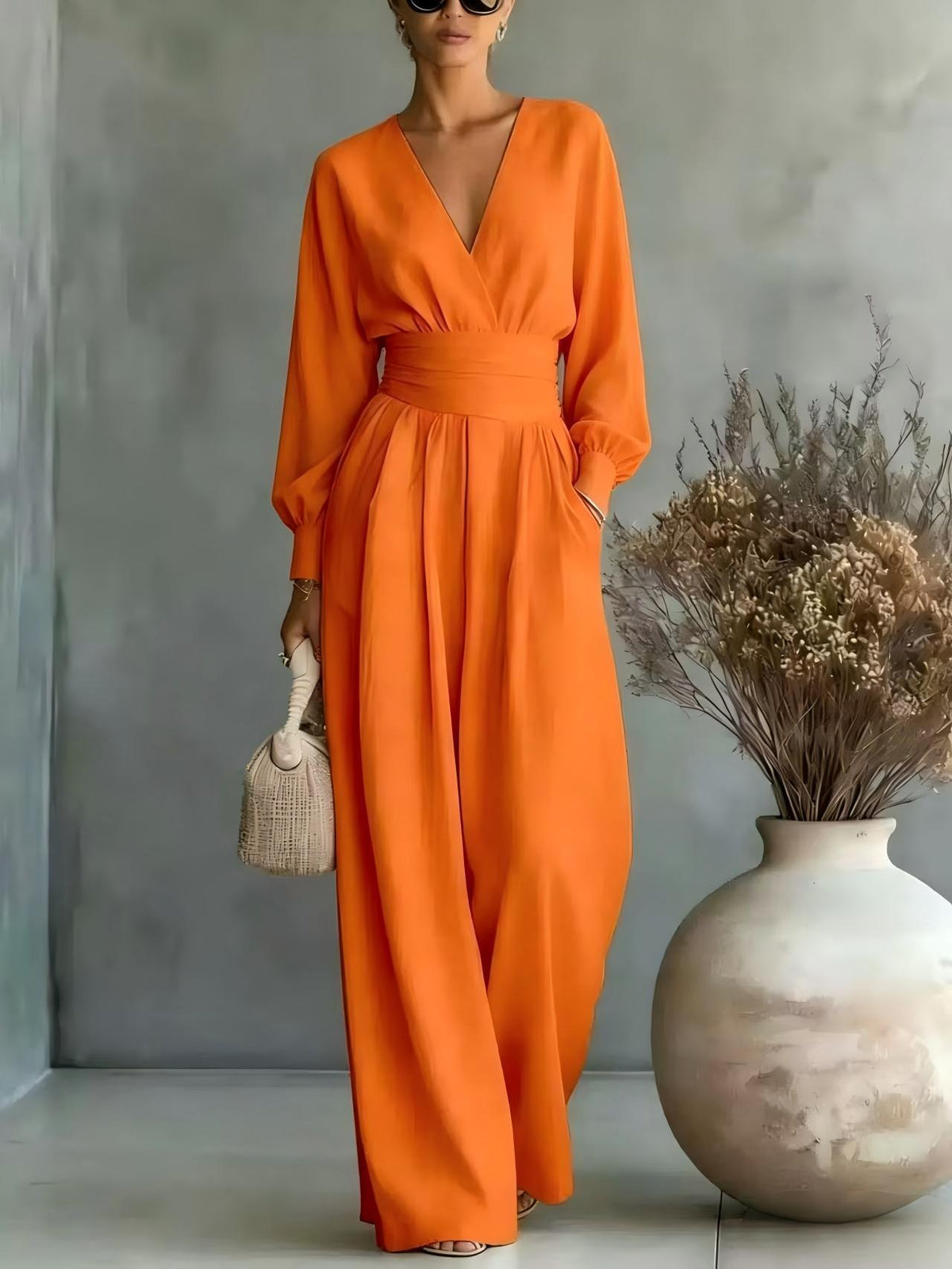 Fitted-waist V-neck Long-sleeve Womens Solid-color Jumpsuit – Premium 0 | RICALOUX