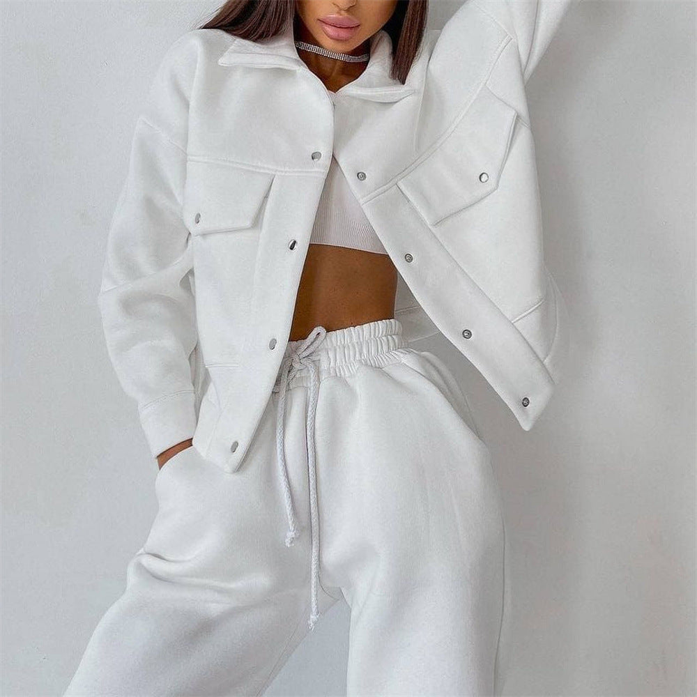 Casual Long-sleeve Two-piece Set Single-breasted Jacket And Sweatshirt by Ricaloux