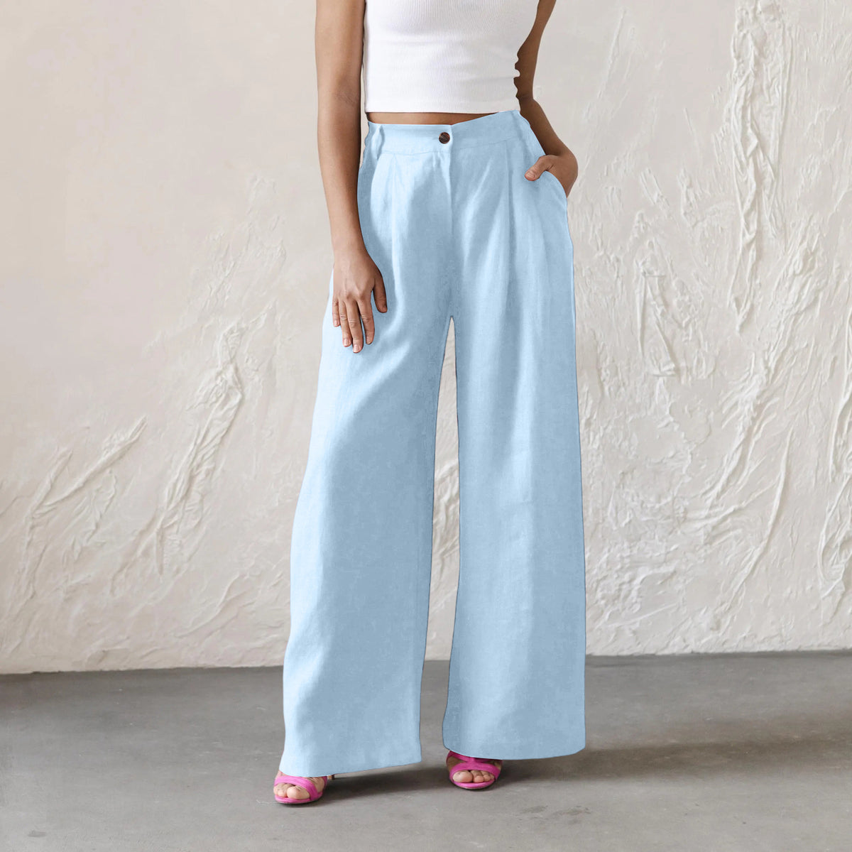 Womens Solid-Color High-Waisted Wide-Leg Pants Casual And Relaxed Fit Long Trousers by Ricaloux