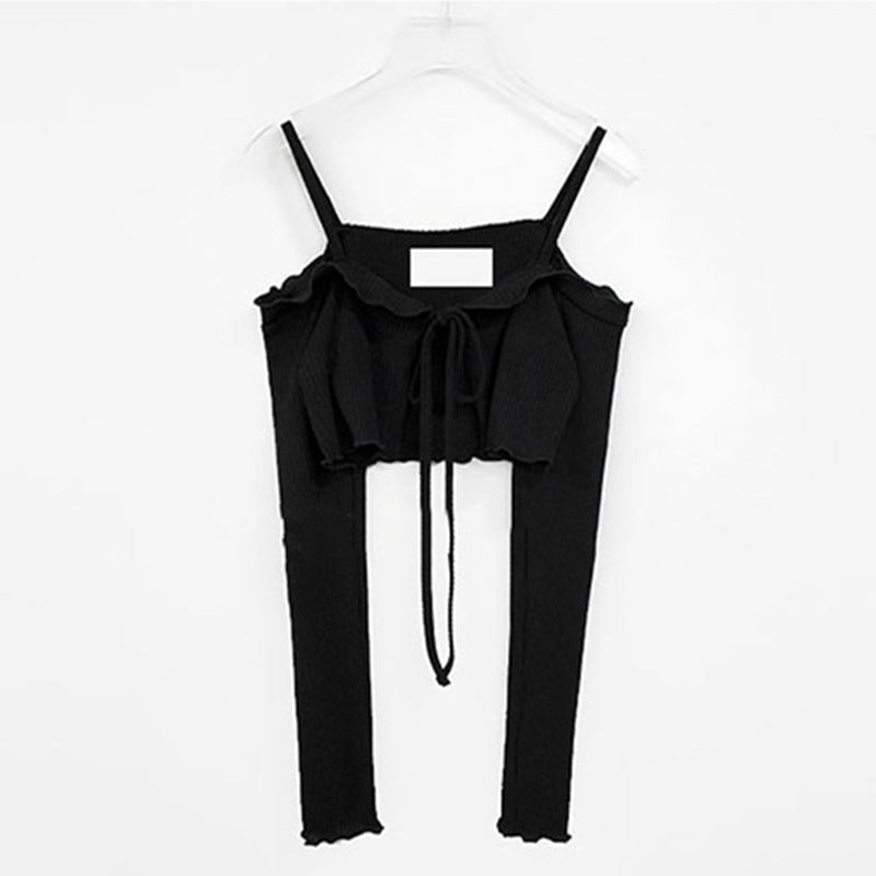 Off-Shoulder Slim-Fit Lace-Up Long-Sleeve Cardigan T-Shirt by Ricaloux