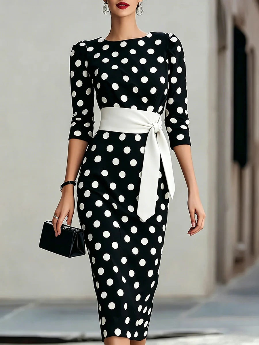 Women Elegant Black White Polka Dot Midi Dress With Waist Belt Three-Quarter Sleeve O Neck Pencil Bodycon Formal Work Office Party Dress by Ricaloux