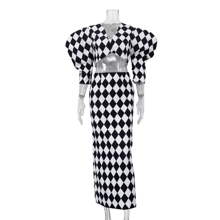 Diamond Check Puff Sleeve V-Neck Crop Top & High Waist Mermaid Maxi Skirt 2-Piece Co-Ord Set by Ricaloux