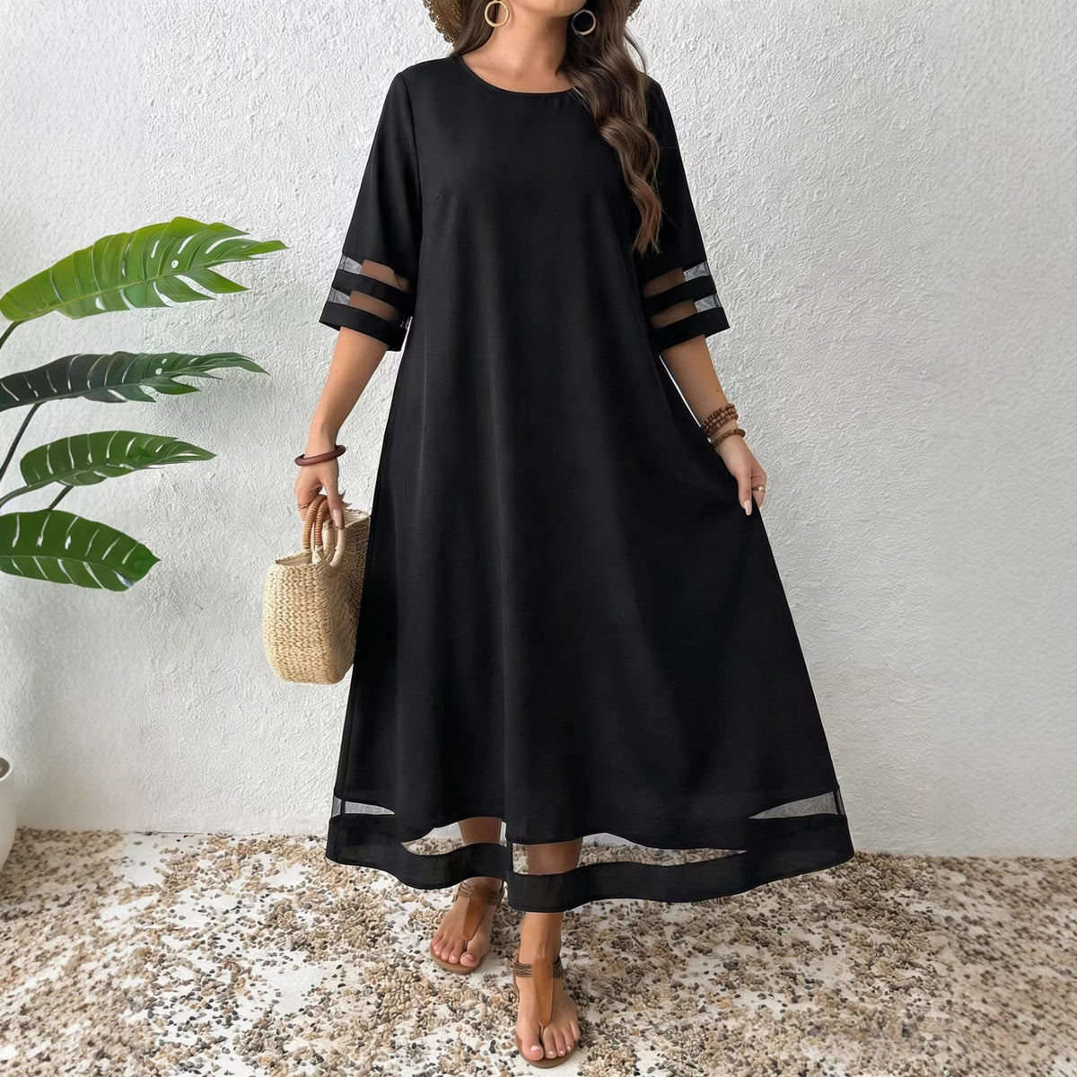 A-line Dress With Mesh-sleeve Paneling by Ricaloux