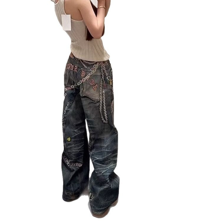 Womens Floor-length Printed Denim Jeans With A Chain Detail – Premium 0 | RICALOUX