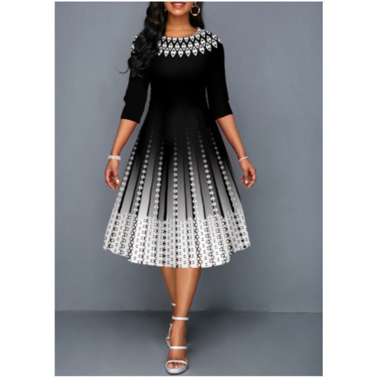 Women's Fashionable Printed Graceful Half Sleeve Waist Dress - RICALOUX