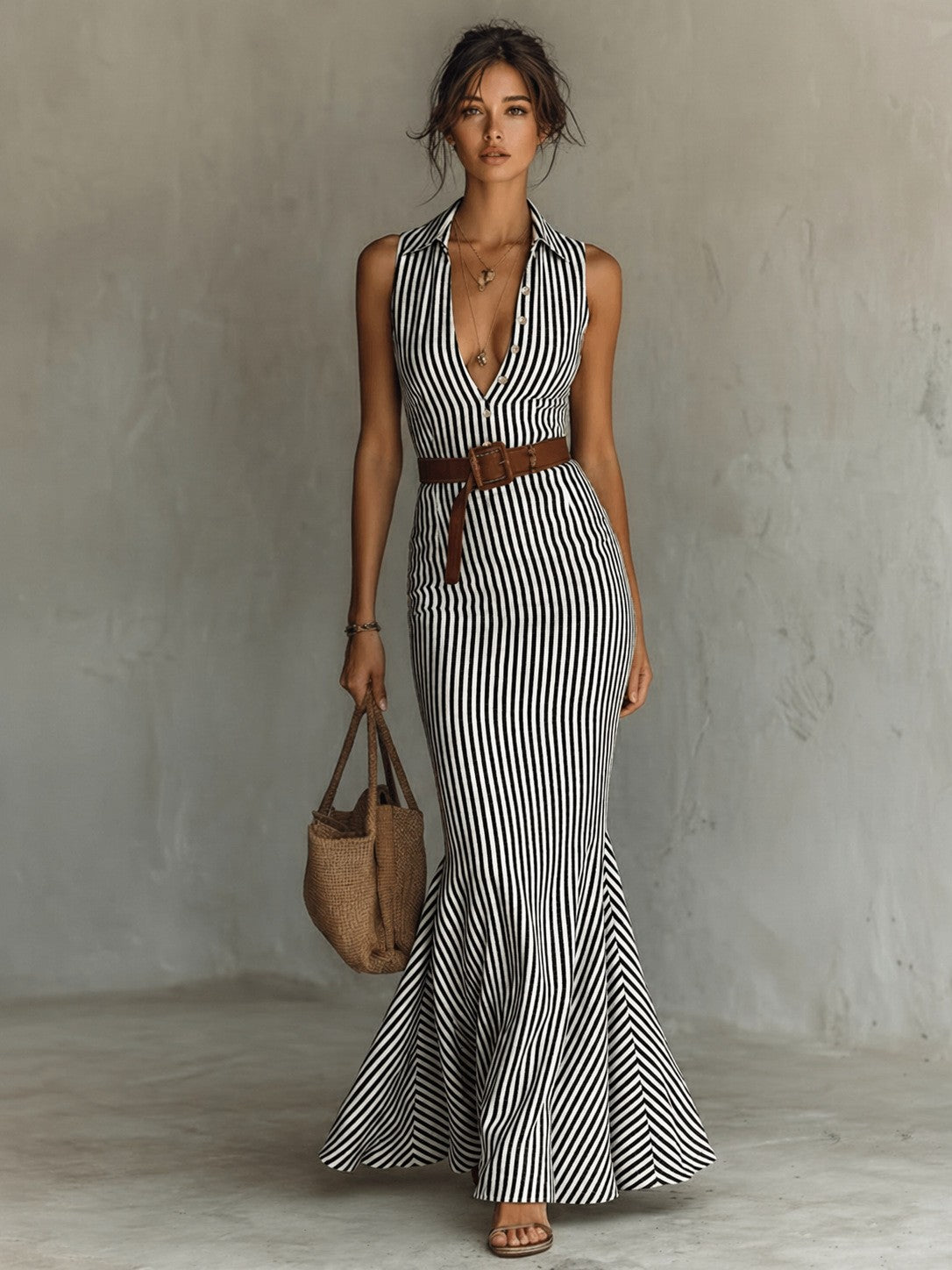 Elegant V-neck Dress With A Belt For Women – Premium 0 | RICALOUX