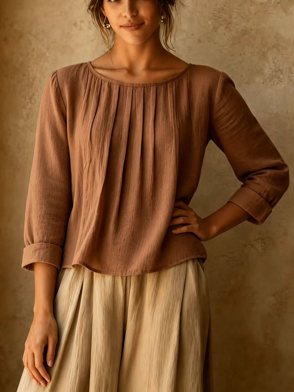 Womens Cotton-linen Top Loose-fit Round-neck Shirt by Ricaloux