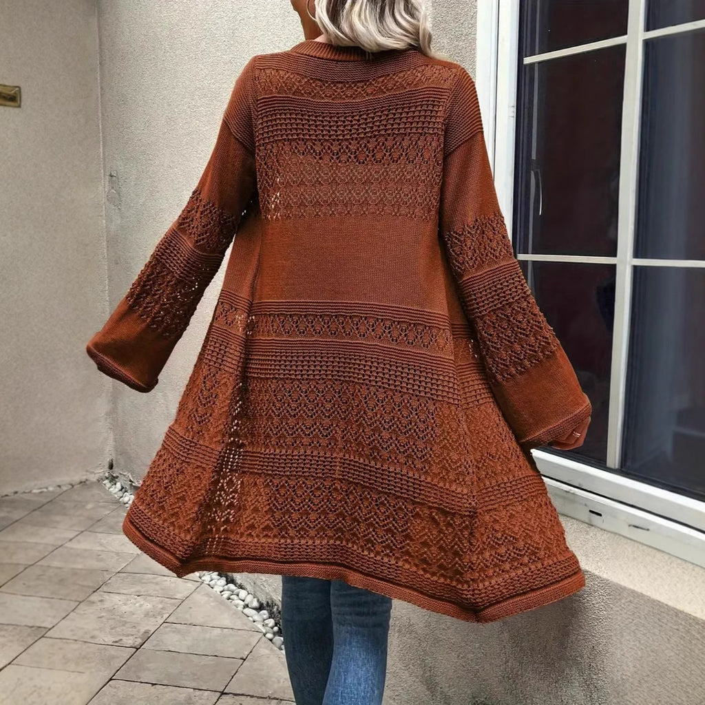 Elegant Mature Solid-color Hollow-out Long-sleeve Plus-size Womens Cardigan by Ricaloux